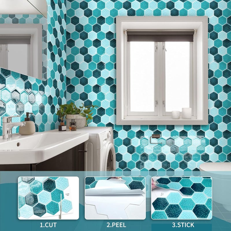 MOONFUN Hexagon Peel and Stick Backsplash Tile,10 Sheets 3D Self Adhesive Wall Tile Sticker（Blue Mosaic）, IN - Image 3